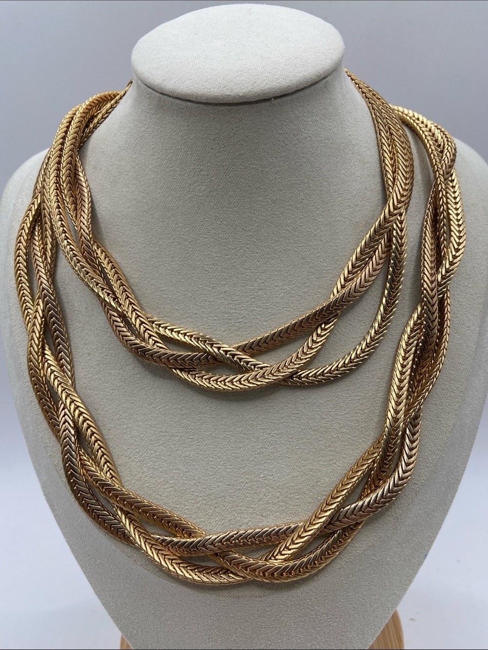 Talbots Long Necklace Matte Gold Tone Braided Foxtail Chain 30”L Classic